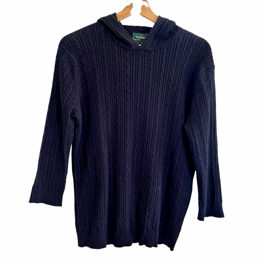 Lauren Ralph Lauren Womens Cable Knit Hoodie Sweater Sz XL Navy Preppy Old Money
